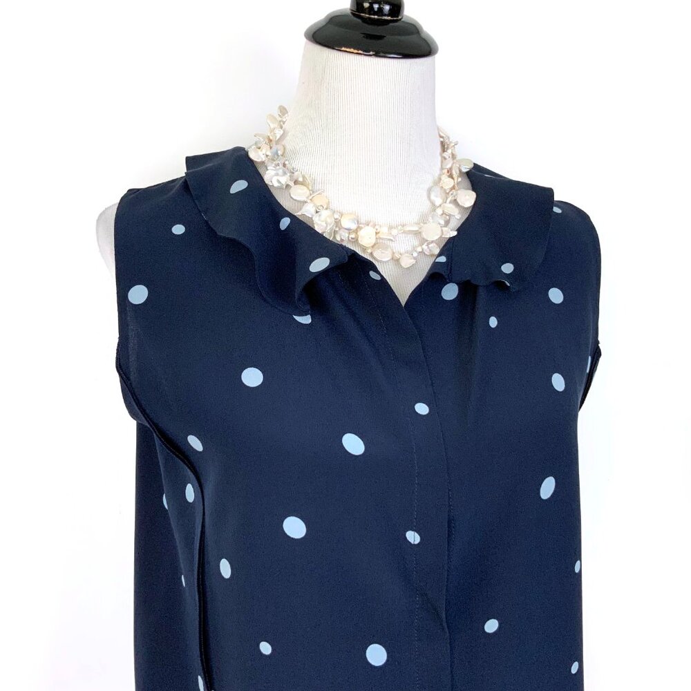 MARNI Navy Blue Polka Dot Sleeveless Blouse Ruffle Neck Sz 44 (M) - Picture 8 of 16